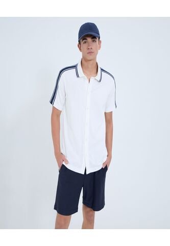 Camisa Para Hombre Manga Corta Sin Bolsillo Cuello Resort Color Crema Marca Ostu #60010801 Ostu