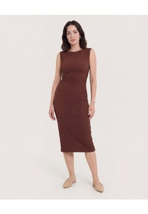 Vestido Midi Ajustado Manga Sisa Para Mujer Café Ostu