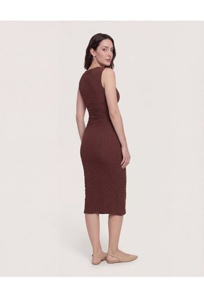 Vestido Midi Ajustado Manga Sisa Para Mujer Café Ostu