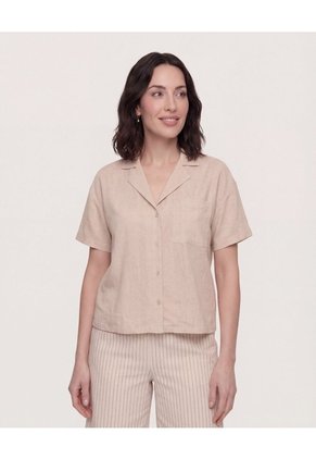 Camisa Boxy Cuello Resort Para Mujer Beige Ostu