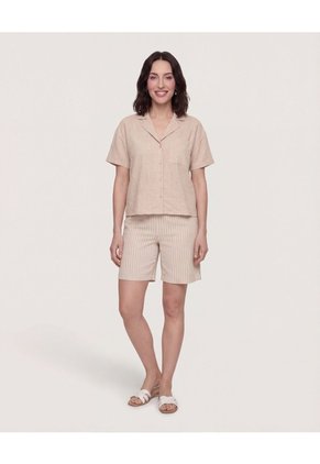 Camisa Boxy Cuello Resort Para Mujer Beige Ostu