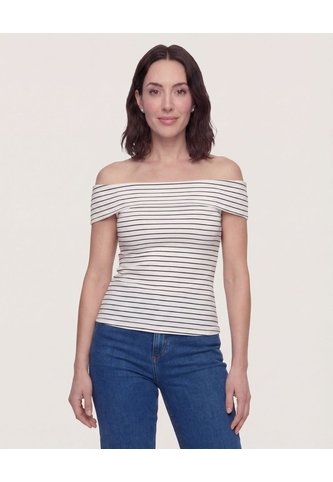 Camiseta Rayas Hombros Descubiertos  Para Mujer Beige Ostu Ostu