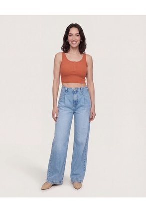 Camiseta Cropped En Rib Con Botones  Para Mujer Terracota Ostu