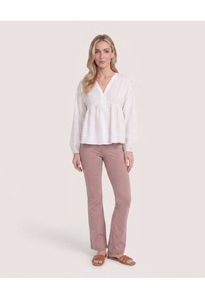 Blusa Manga Larga Escote En V  Para Mujer Crudo Ostu