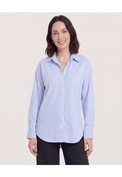 Camisa Manga Larga A Rayas  Para Mujer Azul Ostu