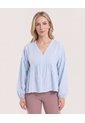 Blusa Manga Larga Escote En V  Para Mujer Azul Ostu de Ostu