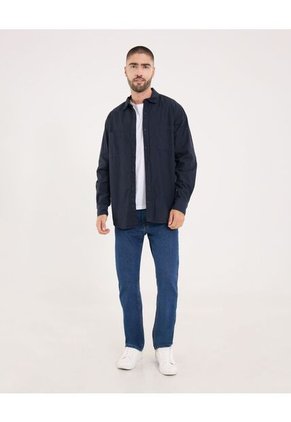 Camisa  Para Hombre Manga Larga Con Bolsillo Cuello Casual M Color Negro Marca Ostu #60010816