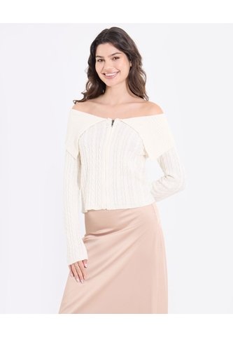 Saco Off Shoulder Con Cierre Frontal  Para Mujer Crema Ostu Ostu