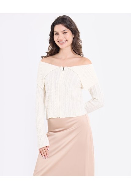Saco Off Shoulder Con Cierre Frontal  Para Mujer Crema Ostu
