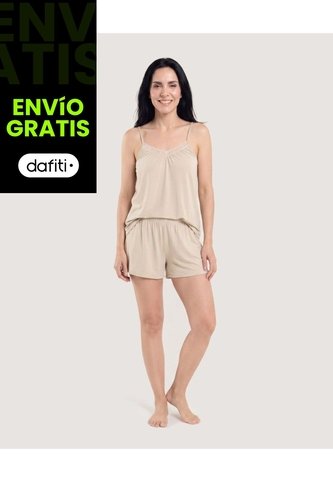 Pijama De Tiras Con Short  Para Mujer Beige Ostu Ostu