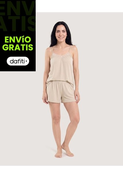Pijama De Tiras Con Short  Para Mujer Beige Ostu