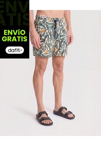 Pantaloneta De Baño Estampada  Para Hombre Crema Ostu Ostu