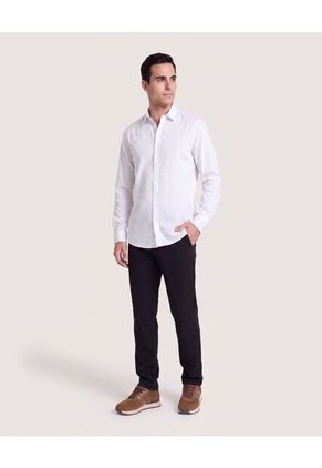 Camisa Lisa Manga Larga Clásica  Para Hombre Blanco Ostu