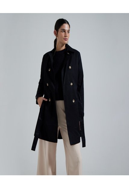 Chaqueta Tipo Trench Con Cinturón  Para Mujer Negro Ostu