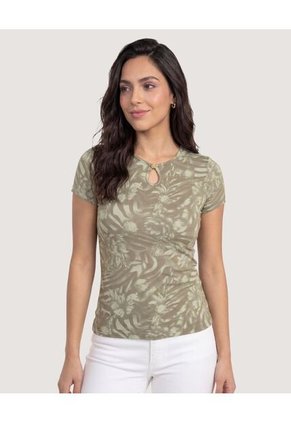 Camiseta Tropical Keyhole Para Mujer Verde Ostu