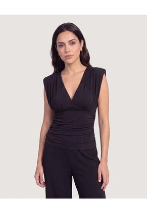 Camiseta Cuello V Con Recogido Para Mujer Negro Ostu