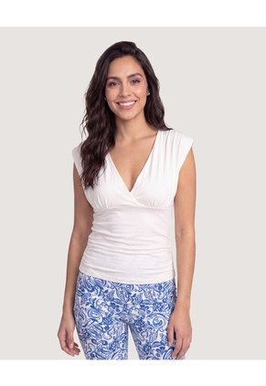 Camiseta Cuello V Con Recogido Para Mujer Crema Ostu