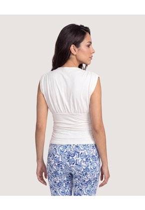 Camiseta Cuello V Con Recogido Para Mujer Crema Ostu