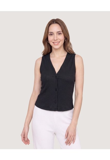 Chaleco Texturizado Cuello V  Para Mujer Negro Ostu