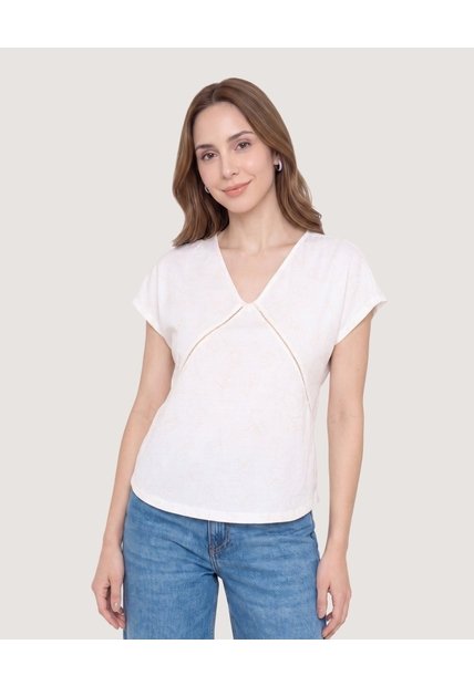 Blusa Escote V Con Detalle Calado  Para Mujer Blanco Ostu