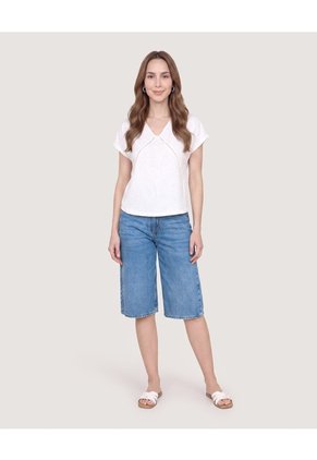 Blusa Escote V Con Detalle Calado  Para Mujer Blanco Ostu