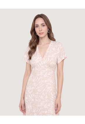 Vestido Escote V Tropical Para Mujer Beige Ostu