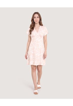 Vestido Escote V Tropical Para Mujer Beige Ostu