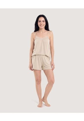 Pijama De Tiras Con Short Para Mujer Beige Ostu