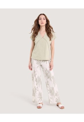 Blusa Escote V Natural  Para Mujer Verde Ostu