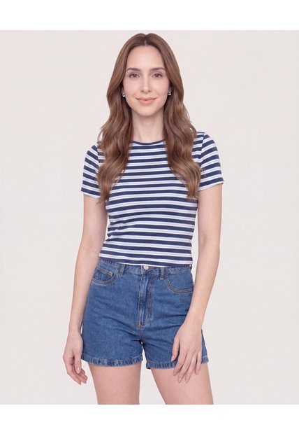 Camiseta Crop Básica  Para Mujer Azul Ostu