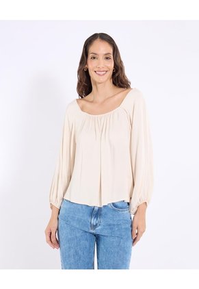 Blusa 3/4 Con Escote Cuadrado Para Mujer Beige Ostu