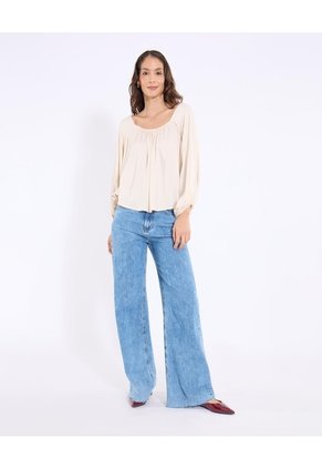 Blusa 3/4 Con Escote Cuadrado Para Mujer Beige Ostu