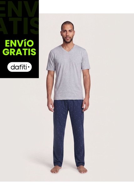 Pijama Cuello V Con Pantalón Estampado  Para Hombre Azul Ostu