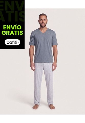 Pijama Cuello V Con Pantalón Estampado  Para Hombre Gris Ostu Ostu