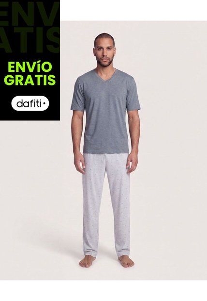 Pijama Cuello V Con Pantalón Estampado  Para Hombre Gris Ostu