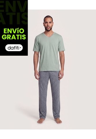 Pijama Cuello V Con Pantalón Estampado  Para Hombre Negro Ostu Ostu