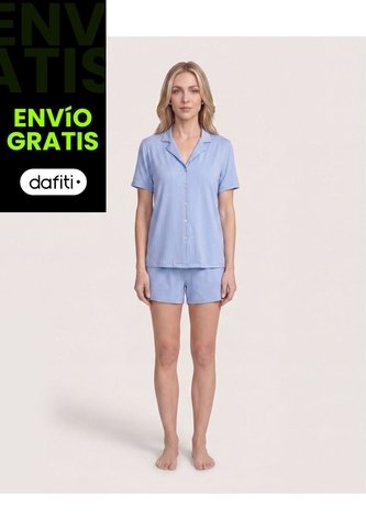 Pijama Resort Con Short Unicolor  Para Mujer Azul Ostu Ostu