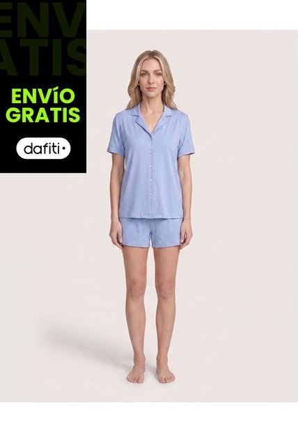 Pijama Resort Con Short Unicolor  Para Mujer Azul Ostu