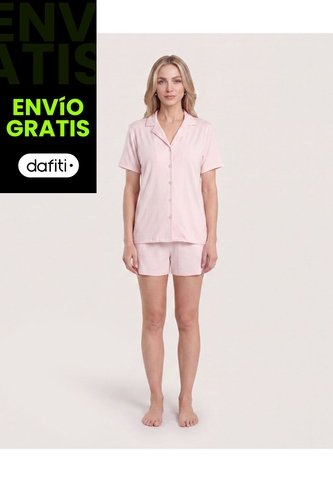 Pijama Resort Con Short Unicolor  Para Mujer Rosado Ostu Ostu