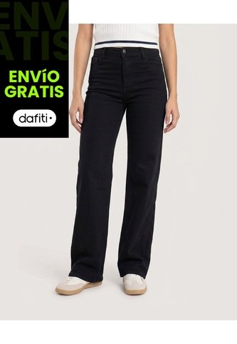 Jean Straight Long Essential  Para Mujer Negro Ostu Ostu