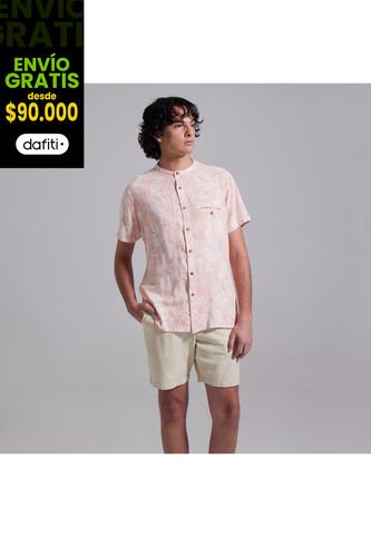 Camisa Para Hombre Manga Corta Con Bolsillo Cuello Neru Color Rosado  Marca Ostu #60010541 Ostu