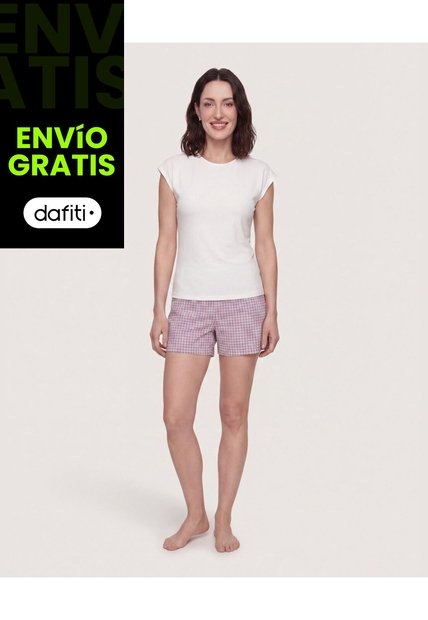 Pijama Short Check Relax  Para Mujer Crema Ostu