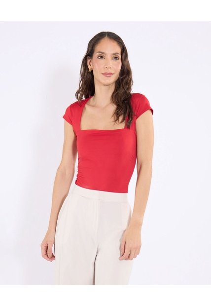 Camiseta Escote Cuadrado Ajustada  Para Mujer Rojo Ostu