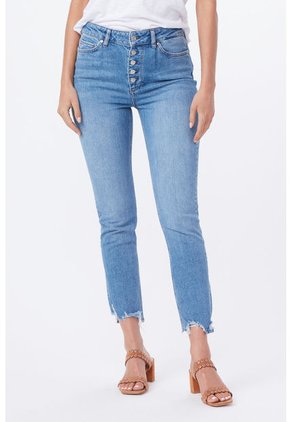 Jeans Paige Mujer Sarah Slim W/ Exposed Buttonfly - Darcene Distressed W/ Ultra Demolished Hem.