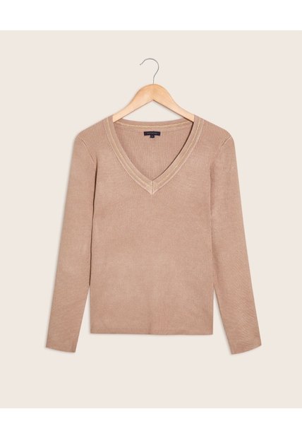 Saco Tejido Cuello En V   Para Mujer Beige Patprimo