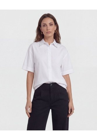 Camisa  Manga Corta Cuello Con Pedrería  Para Mujer Blanco Patprimo Patprimo