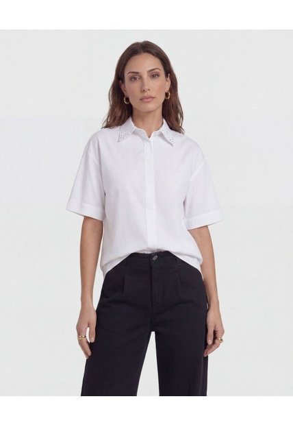 Camisa  Manga Corta Cuello Con Pedrería  Para Mujer Blanco Patprimo