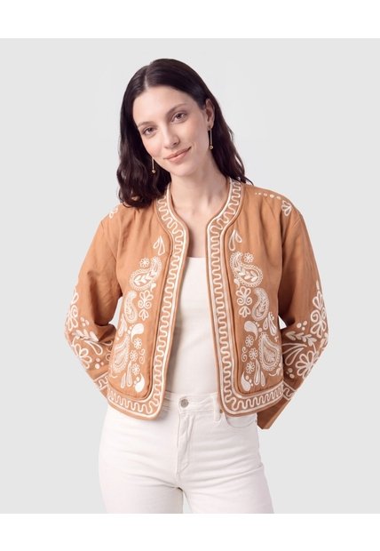 Chaqueta Corta Con Bordados Mujer  Para Mujer Café Patprimo