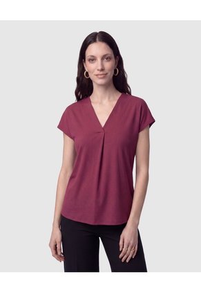 Camiseta Cuello En V Acanalada Mujer Para Mujer Vino Patprimo
