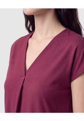 Camiseta Cuello En V Acanalada Mujer Para Mujer Vino Patprimo